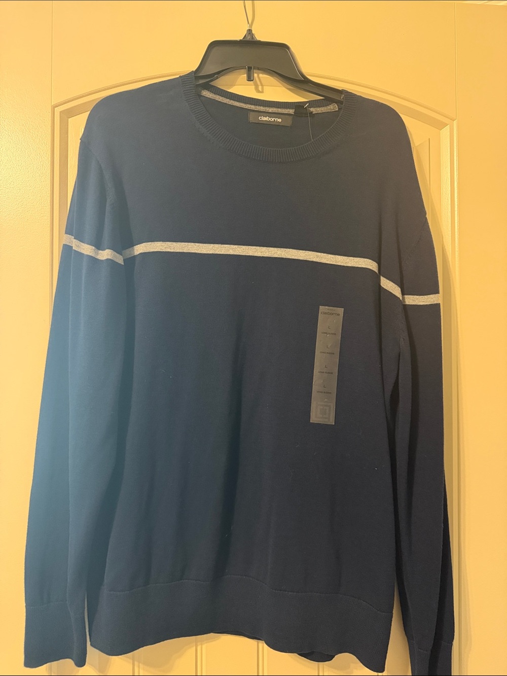 Liz Claiborne Navy Crewneck Sweater with Light Gray Stripe